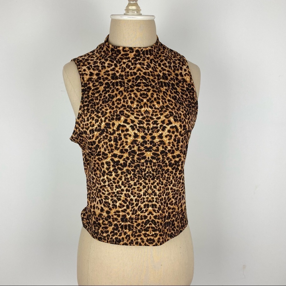 Cheetah Sleeveless Turtleneck Ribbed Top M